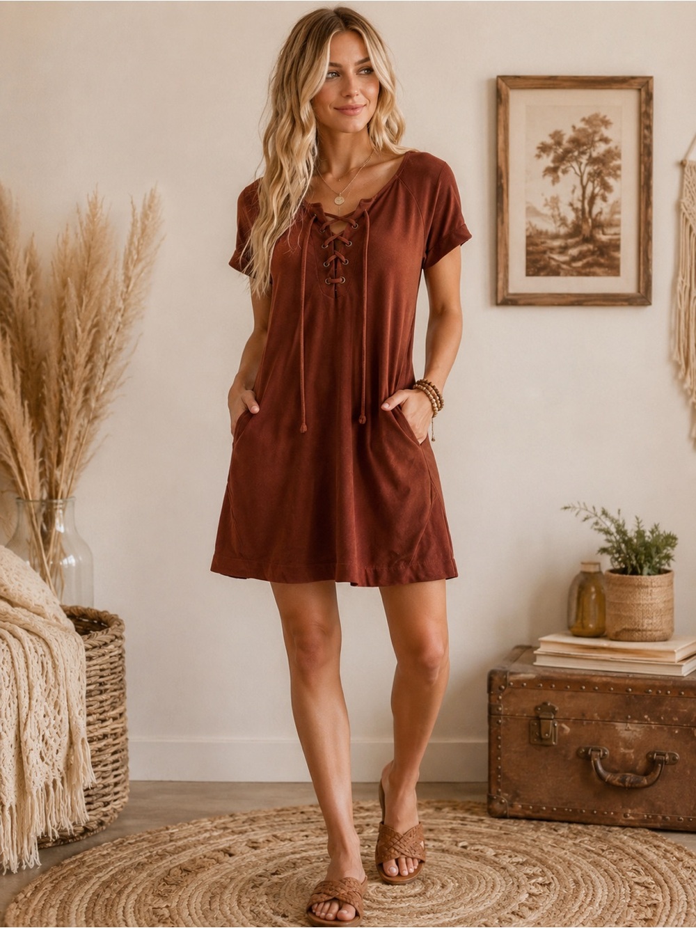 Bohemian  Lace-Up Short Sleeve Dress in Rust Brown